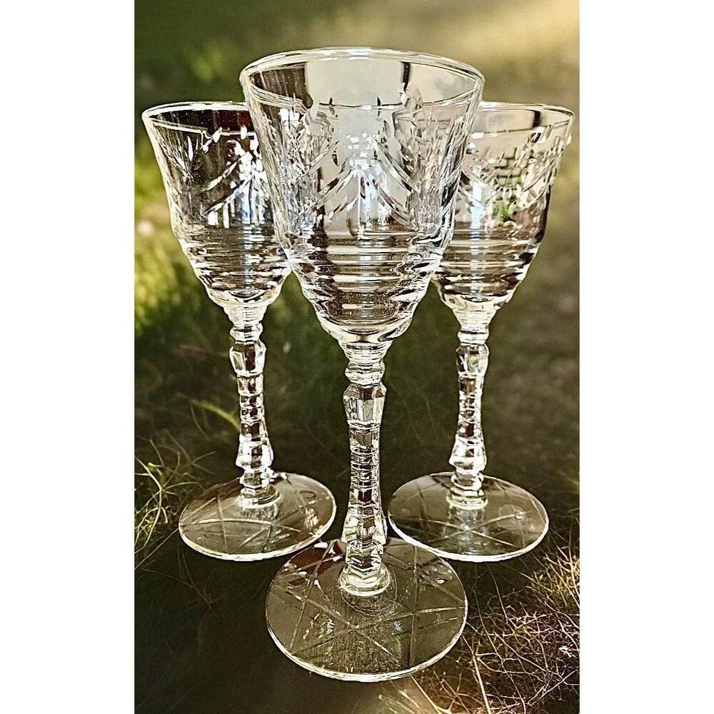 Vtg Libbey Rock Sharpe Artic Rose Crystal Water Goblets Set 5 Grandmillennial